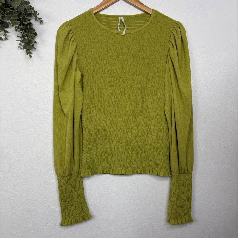Anthropologie Smocked Puff Sleeve Top Lime Green Chartreuse Textured Blouse M